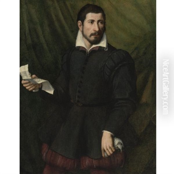 Portrait Of A Man Holding A Letter Oil Painting by Rancesco De' Rossi (see Salviati, Cecchino Del)