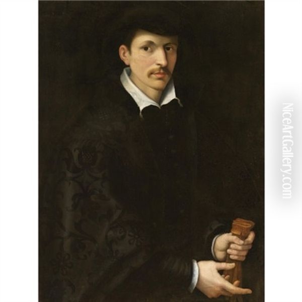 Portrait Of A Gentleman, Half Length, Wearing Black And Holding A Pair Of Gloves Oil Painting by Rancesco De' Rossi (see Salviati, Cecchino Del)