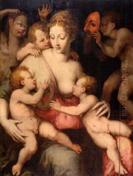 La Charite Romaine Oil Painting by Rancesco De' Rossi (see Salviati, Cecchino Del)