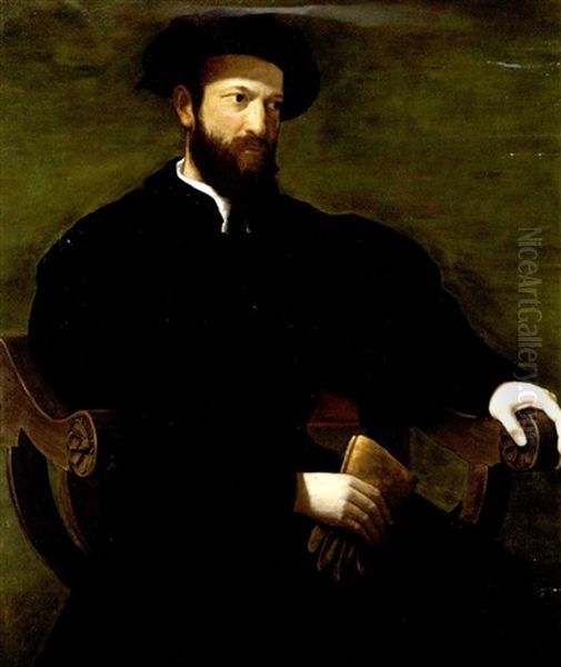 Portrait Of A Gentleman Dressed In Black And Seated Against A Green Background Oil Painting by Rancesco De' Rossi (see Salviati, Cecchino Del)