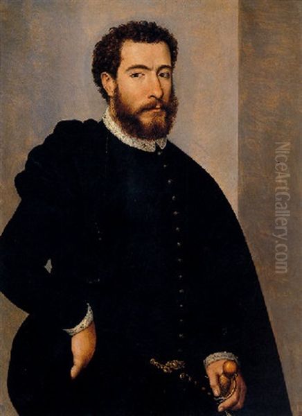 Portrait Of A Man Holding The Hilt Of A Sword Oil Painting by Rancesco De' Rossi (see Salviati, Cecchino Del)
