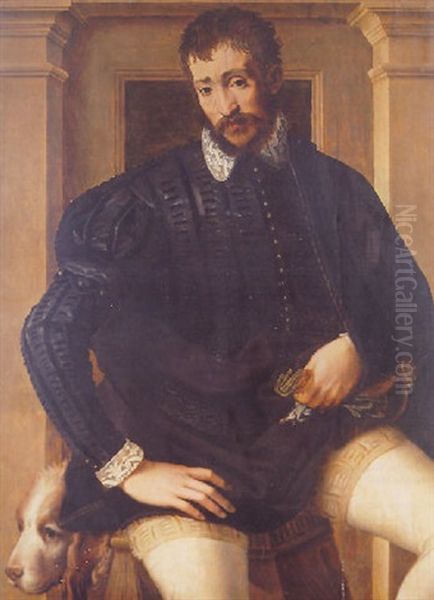 Portrait Of A Gentleman, Holding A Pair A Gloves, Seated On A Wooden Stool Beside A Hound In An Architectural Stone Niche Oil Painting by Rancesco De' Rossi (see Salviati, Cecchino Del)