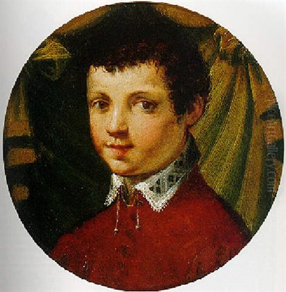 Portrait Of A Young Man Dressed In Red Standing Before A Green Drape Oil Painting by Rancesco De' Rossi (see Salviati, Cecchino Del)