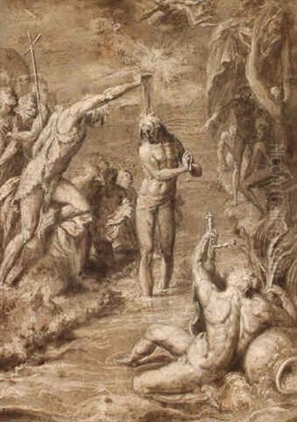 Bapteme Du Christ Oil Painting by Rancesco De' Rossi (see Salviati, Cecchino Del)