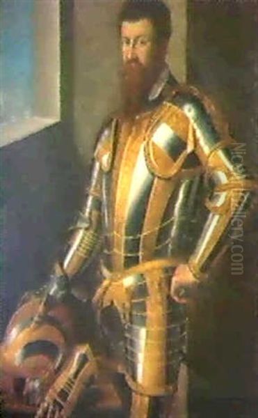 Portrait De Pantiatici En Armure, Avec, Au Travers De La    Fenetre, Une Vue De S. Lorenzo A Florence Oil Painting by Rancesco De' Rossi (see Salviati, Cecchino Del)