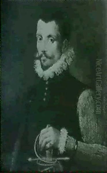 A Portrait Of A Gentleman, Half Length, Holding The Hilt Of A Sword In His Left Hand And Wearing A Jacket... Oil Painting by Rancesco De' Rossi (see Salviati, Cecchino Del)