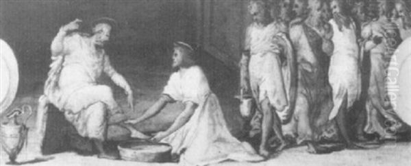 Christ Washing The Disciples Feet;                          The Last Supper Oil Painting by Rancesco De' Rossi (see Salviati, Cecchino Del)