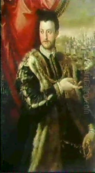 Bildnis Cosimo I. De'medici Oil Painting by Rancesco De' Rossi (see Salviati, Cecchino Del)