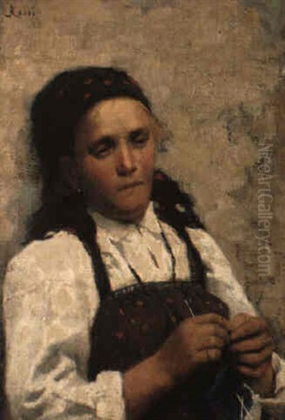 Peasant Girl Knitting Oil Painting by Luigi Rossi