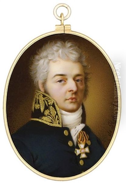 A Nobleman (prince N. S. Volkonsky?), With Powdered Curly Hair And Sideburns, In Dark Blue Uniform With Gold Embroidered High Collar, White Stock Oil Painting by Pietro De Rossi