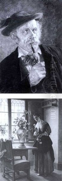 Brustbild Eines Langstiel- Eiferauchenden Tiroler Bauern    Mit Grunem Federgeschmuckten Filzhut Blauer Jacke U Roter.. Oil Painting by Georg Roessler