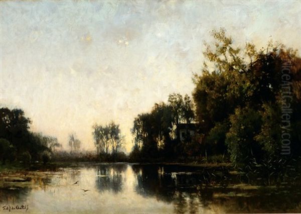 Trees Reflecting In A Pond Oil Painting by Fredericus Jacobus Van Rossum Du Chattel