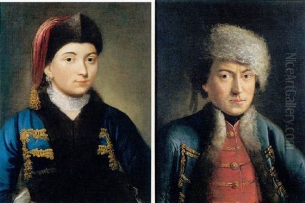 Portrait Of A Lady Wearing A Black Hat, A Silk Collar And A Brown Fur Above A Blue Coat Oil Painting by Pietro Antonio Rotari