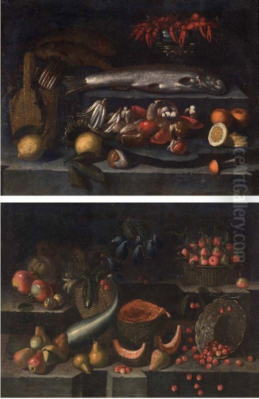 Natura Morta Con Pesce E Natura Morta Con Ciliege Oil Painting by Giovanni Battista Bosio