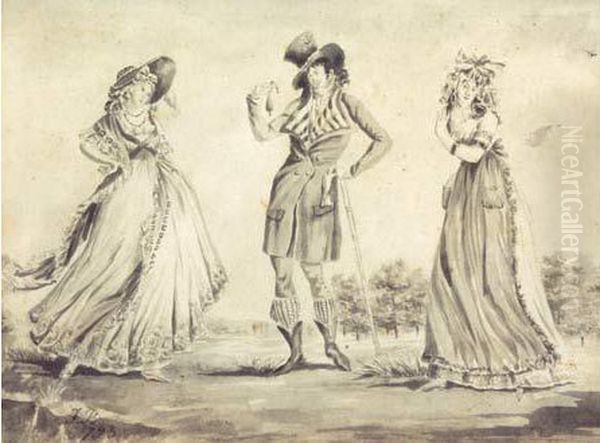 Trois Elegants Dans Un Parc Oil Painting by Jean Francois Bosio