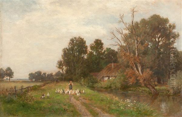 Gansemagd In Oberbayerischer Flusslandschaft Oil Painting by Philipp Roeth