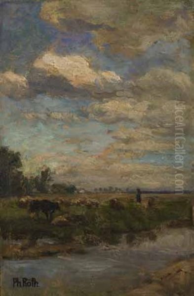 Weidevieh Mit Hirten An Einem Bachlauf Oil Painting by Philipp Roeth