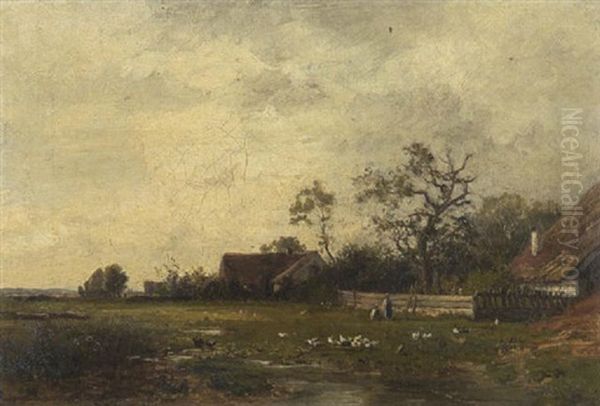 Motiv Bei Dachau: Bauerin Mit Kind Und Huhnern Auf Der Wiese Vor Dem Gehoft Oil Painting by Philipp Roeth