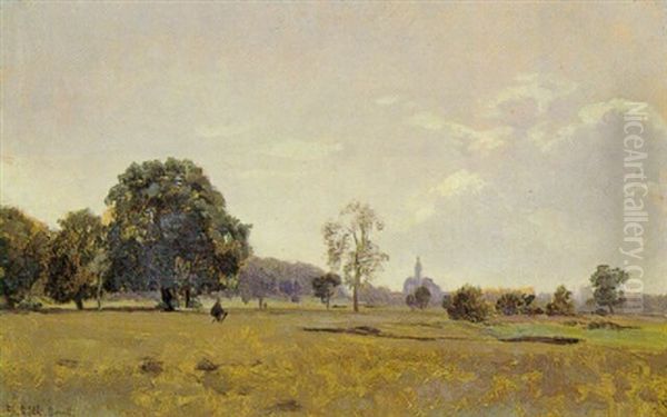 Landskab Med Spredt Traebevoksning I Baggrunden Kirke Oil Painting by Philipp Roeth