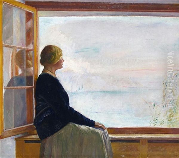 Looking Out To Sea, Possibly The Artist's Wife Alice Oil Painting by William Rothenstein