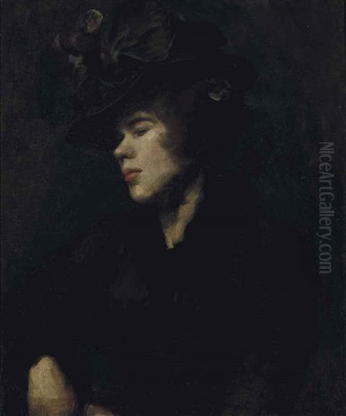 Portrait Of Ida Nettleship (1877-1907), Half-length, In A Burgundy Dress And Hat Oil Painting by William Rothenstein