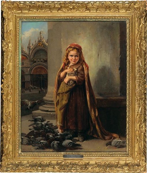 Feeding The Doves In The Piazza San Marco In Venice Oil Painting by Antonio Rotta