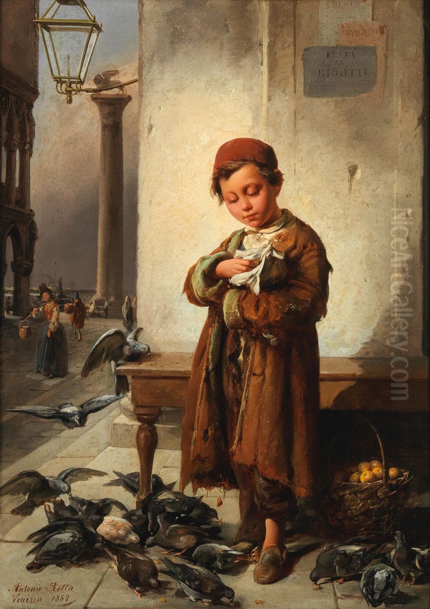 Feeding The Birds Oil Painting by Antonio Rotta