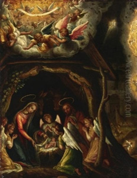 Anbetung Des Kindes, Im Hintergrund Die Verkundigung An Die Hirten Oil Painting by Hans Rottenhammer the Elder