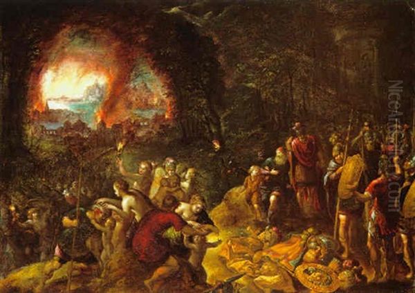 Aeneas Flieht Mit Anchises Und Seinem Sohn Ascanius Aus Dem Brennenden Troja Oil Painting by Hans Rottenhammer the Elder