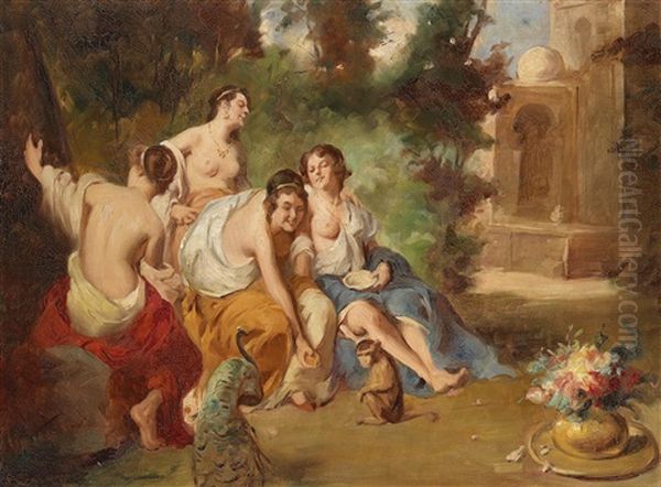 Unterhaltung In Orientalischer Parklandschaft Oil Painting by Mozart Rottmann