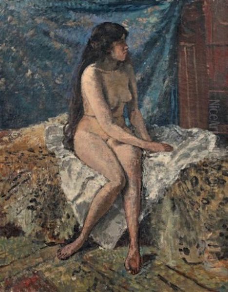 Nu Assis Au Drap Blanc Oil Painting by Henri Rouart