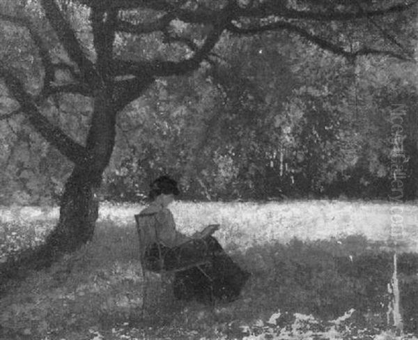 Lesende Frau Auf Gartenstuhl Unter Einem Alten Baum Sitzend Oil Painting by Henri Rouart
