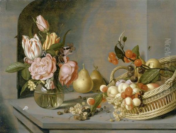 Still Life With Bouquet Of Flowers In A Vase And A Fruit Basket In A Niche Oil Painting by Ambrosius the Younger Bosschaert