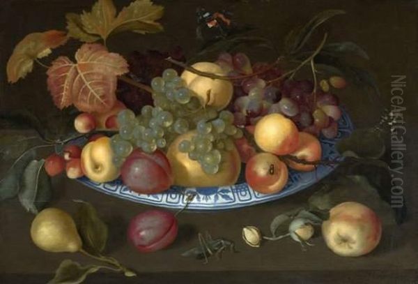 Nature Morte De Prunes, Pommes, Poires Et Cerises Dans Une Coupe DeDelft Posee Sur Une Table Et Entouree D'insectes Oil Painting by Johannes Bosschaert