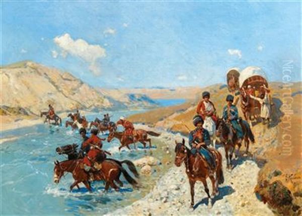 Crossing A Mountain River Oil Painting by Franz Roubaud