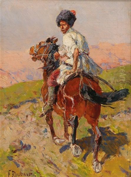 A Circassian Rider In The Mountains Oil Painting by Franz Roubaud