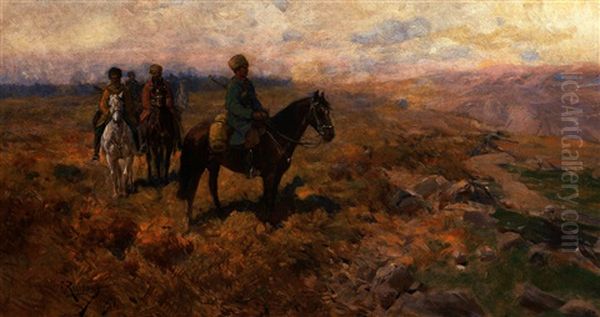 Bewaffnete Kaukasische Reiter Auf Patrouille Oil Painting by Franz Roubaud