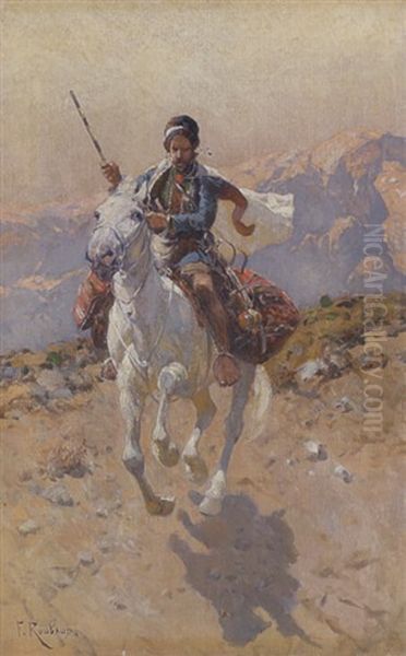 Kaukasischer Hochlandreiter In Gluhendem Sonnenlicht Oil Painting by Franz Roubaud