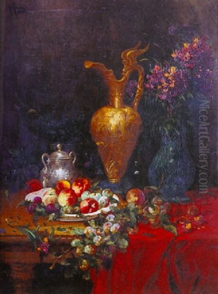 Nature Morte Au Bouquet De Fleurs Et A L'aiguiere Oil Painting by Alfred Rouby