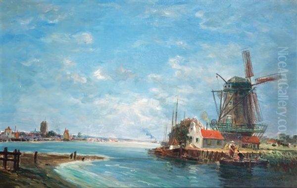 Molen Aan De Maas Bij Dordrecht / 'moulin Sur La Meuse, Dordrecht (hollande) Oil Painting by Gaston-Marie-Anatole Roullet