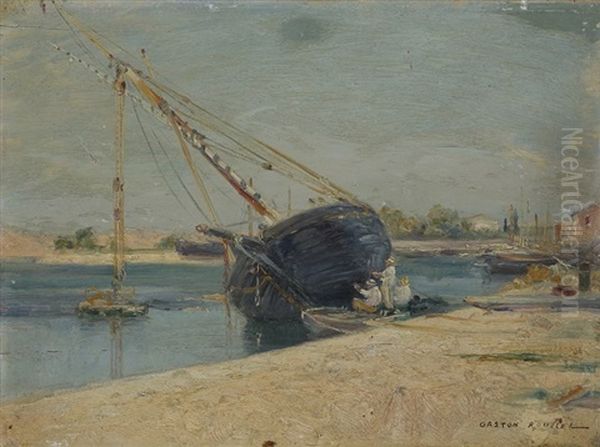 Bord De Seine, On Peint Son Bateau Oil Painting by Gaston-Marie-Anatole Roullet