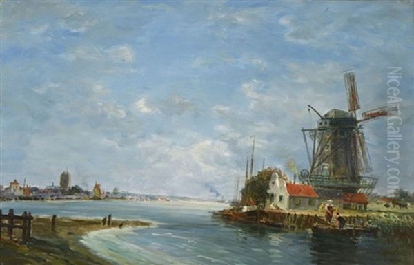 Moulin Pres De Dordrecht Oil Painting by Gaston-Marie-Anatole Roullet