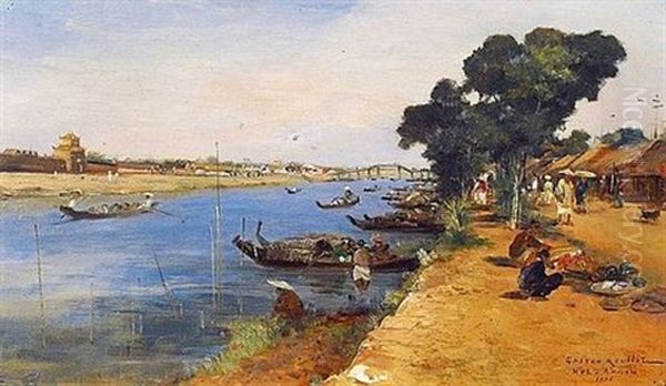 Vue De La Cite Imperiale De Hue Oil Painting by Gaston-Marie-Anatole Roullet