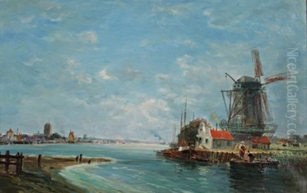 Le Moulin Pres De Dordrecht Oil Painting by Gaston-Marie-Anatole Roullet