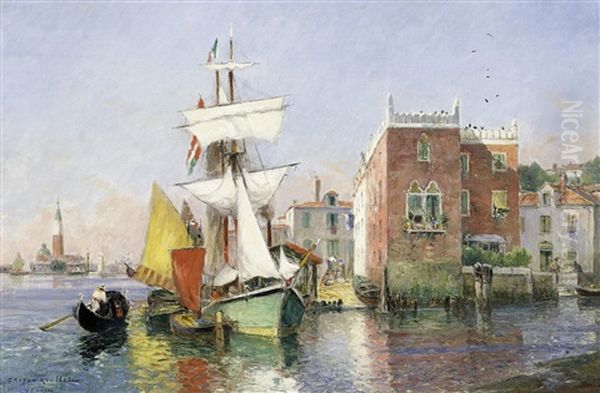 Venedig. Segler Vor Einem Haus Auf Der Giudecca Oil Painting by Gaston-Marie-Anatole Roullet