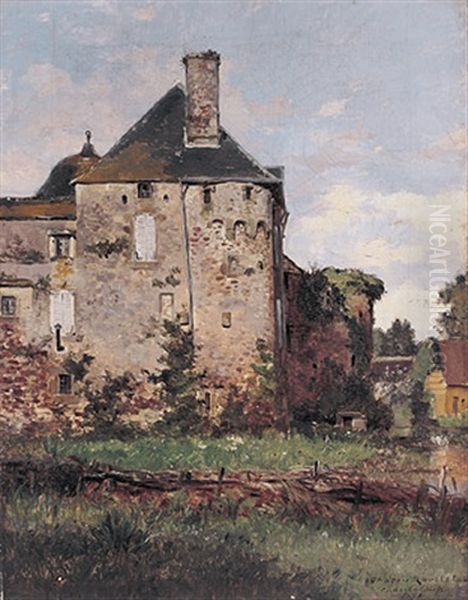 Blick Auf Altes Schloss Mit Teich, Schwanenpaar Und Gehoft An Einem Prachtvollen Sommertag Oil Painting by Gaston-Marie-Anatole Roullet
