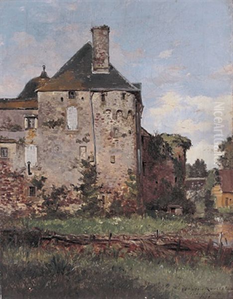 Blick Auf Altes Schloss An Einem Prachtvollen Sommertag Mit Teich, Schwanenpaar Und Gehoft Oil Painting by Gaston-Marie-Anatole Roullet
