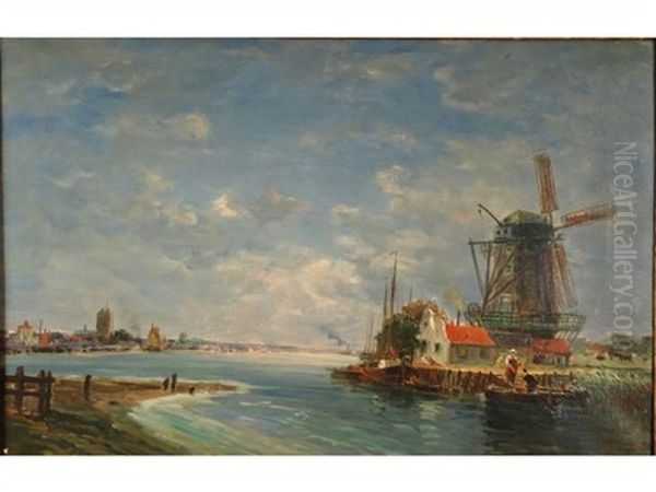Le Moulin Sur La Meuse En Face De Dordrecht (hollande) Oil Painting by Gaston-Marie-Anatole Roullet