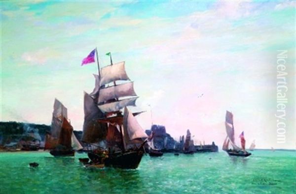 Bateaux Dans Le Port De Goray-jersey Oil Painting by Gaston-Marie-Anatole Roullet