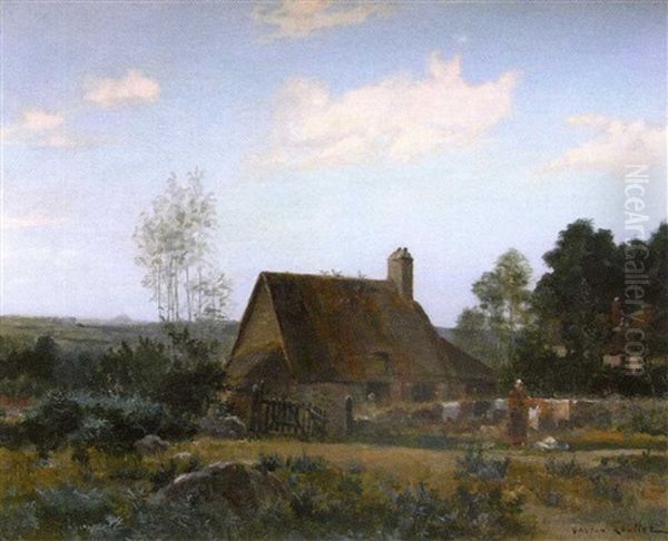Femme Etendant Du Linge Pres D'une Ferme Oil Painting by Gaston-Marie-Anatole Roullet